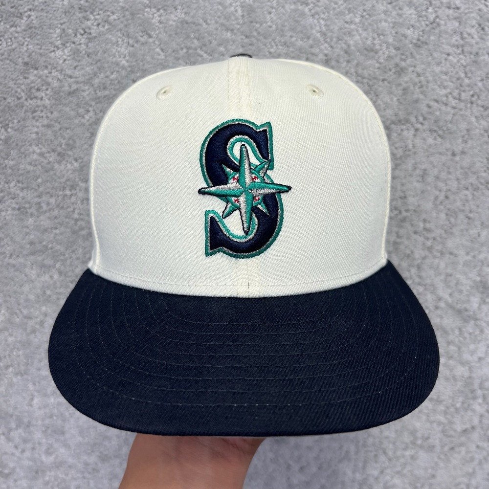 New Era 59FIFTY Baseball Cap 7 1/4 Cream Navy Seattle Mariners Hat MLB Fitted